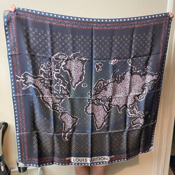 Louis Vuitton Accessories - LOUIS VUITTON World Map 100% Silk Scarf 35”x35” LV Monogram Navy Blue